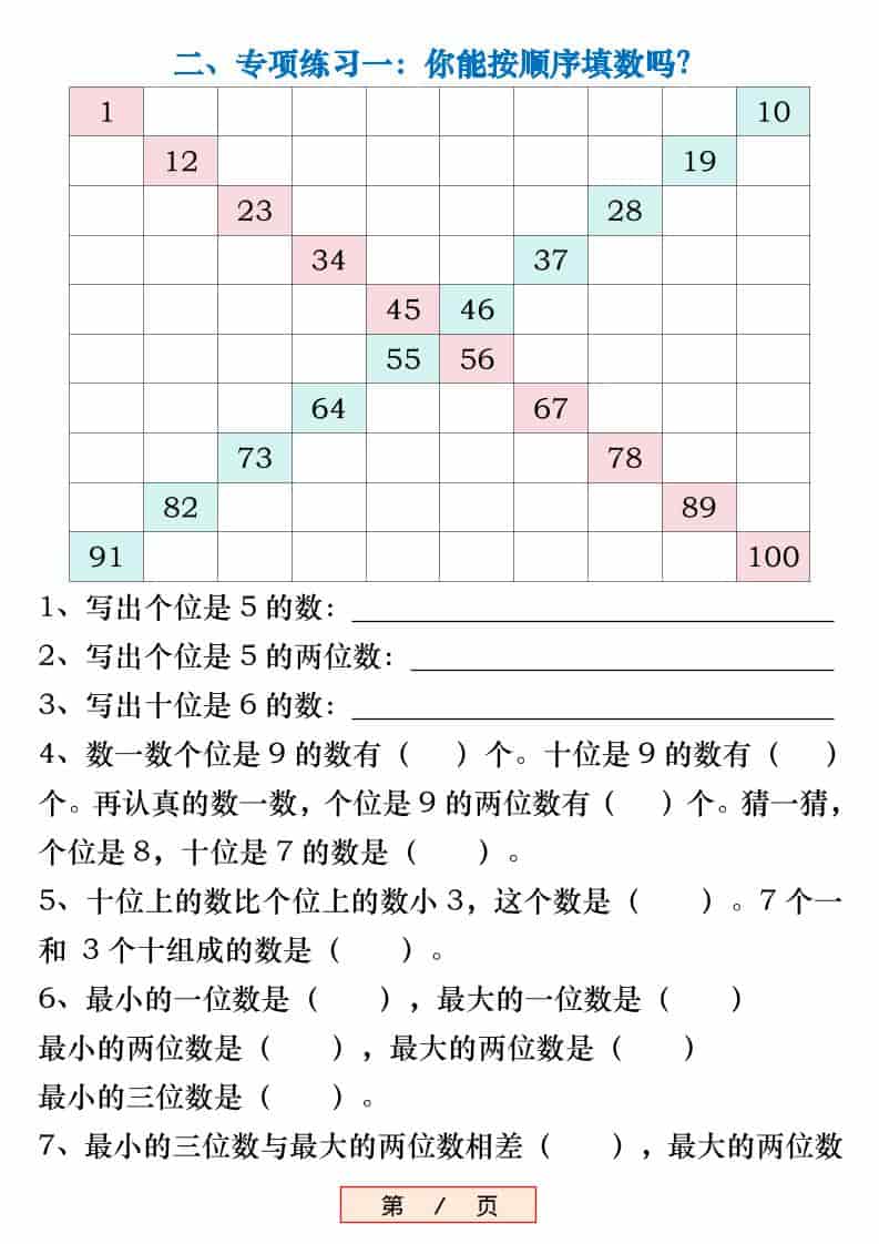新一年级下数学《百数表》易错专项练习强化训练（含答案）-七彩云源码网