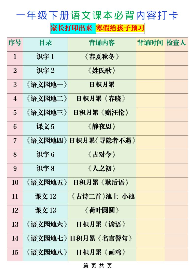 一年级下语文课本必背内容打卡
