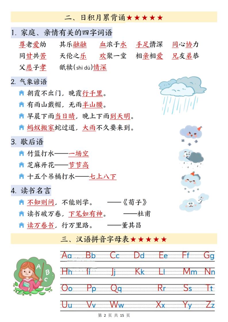 26春一下语文寒假预习知识点汇总（15页）-七彩云源码网